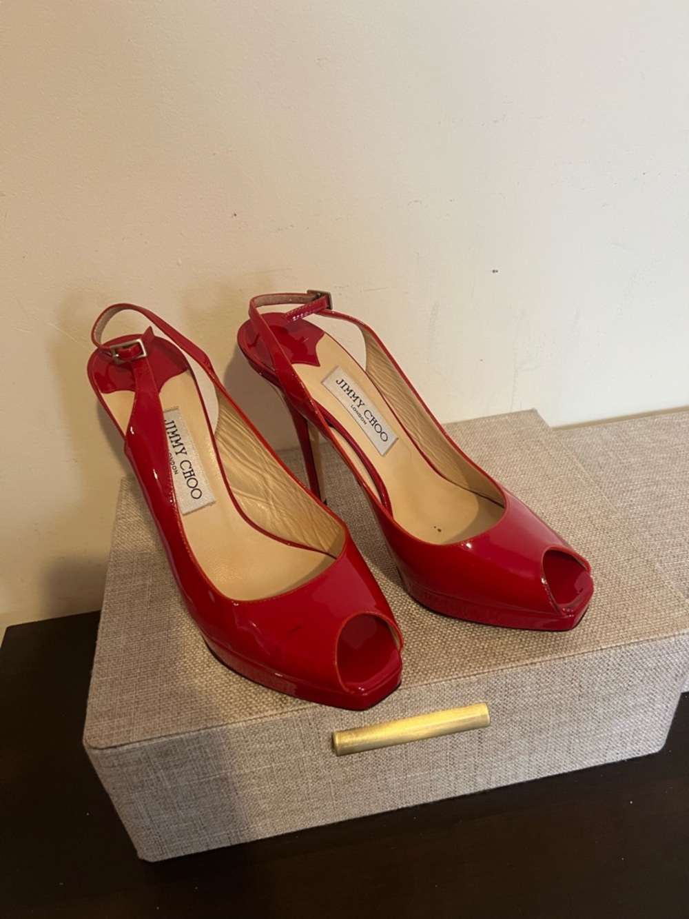 Jimmy Choo Red Patent Peep-Toe Slingback Pumps